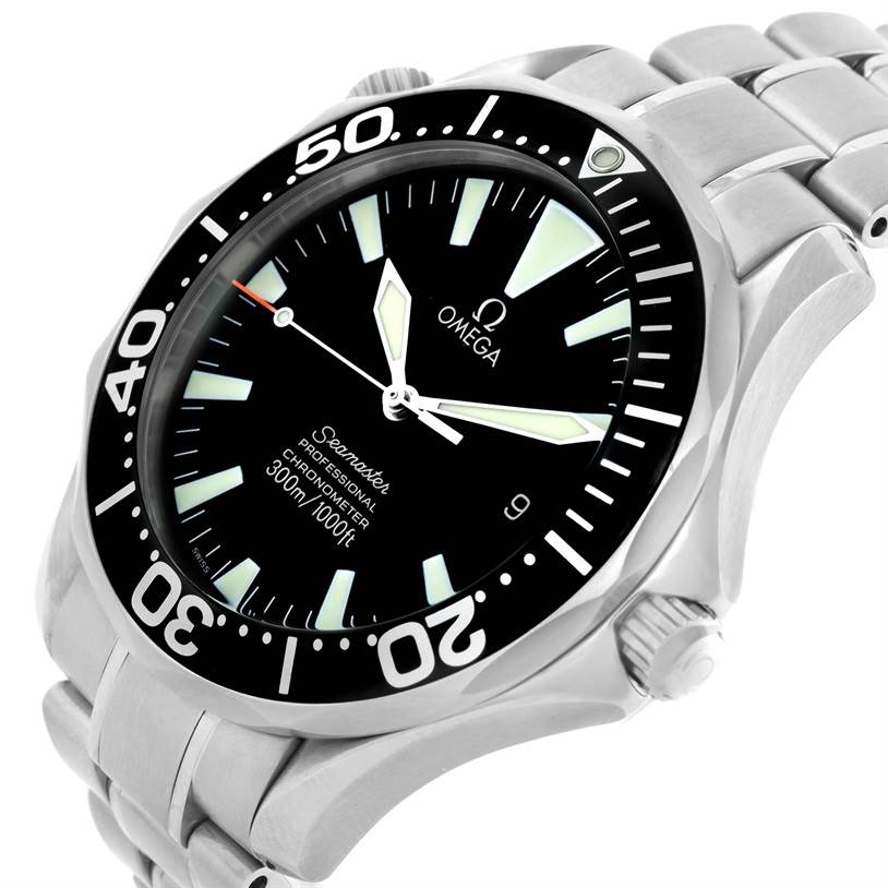The Omega Seamaster 2254.50.00 Men
s Stainless Steel Black Dial 2254.50.00 Men
s Stainless Steel Black Dial watch is shown at a slight angle from above, displaying the bezel, dial, crown, and part of the bracelet.
