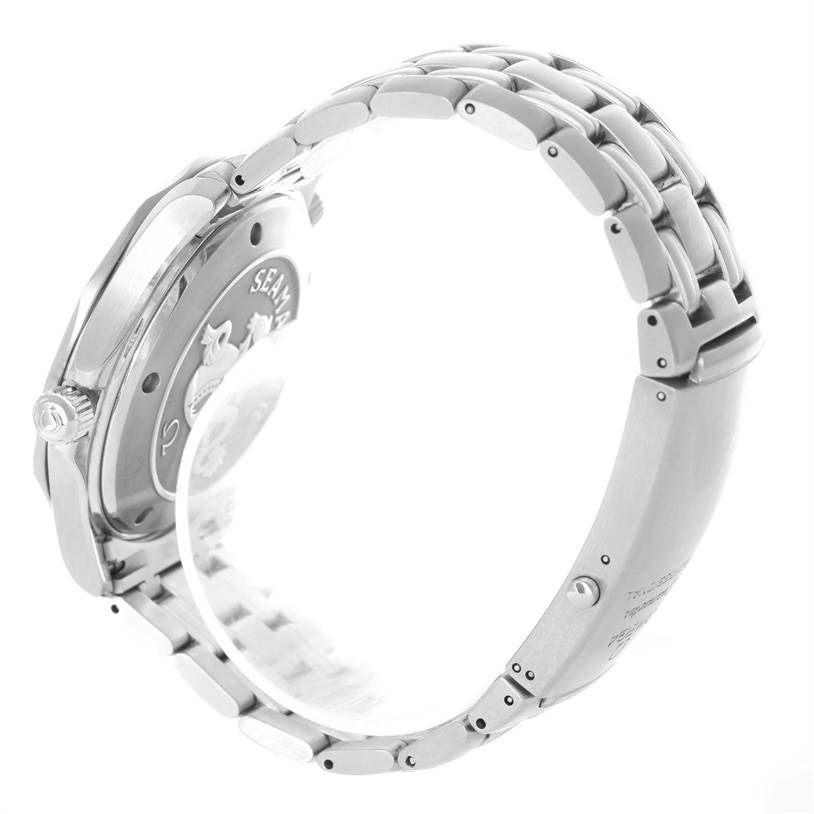 The image shows a side view of an Omega Seamaster 2220.80.00 Men
s Stainless Steel Blue Dial 2220.80.00 Men
s Stainless Steel Blue Dial watch, highlighting the bracelet and case back.