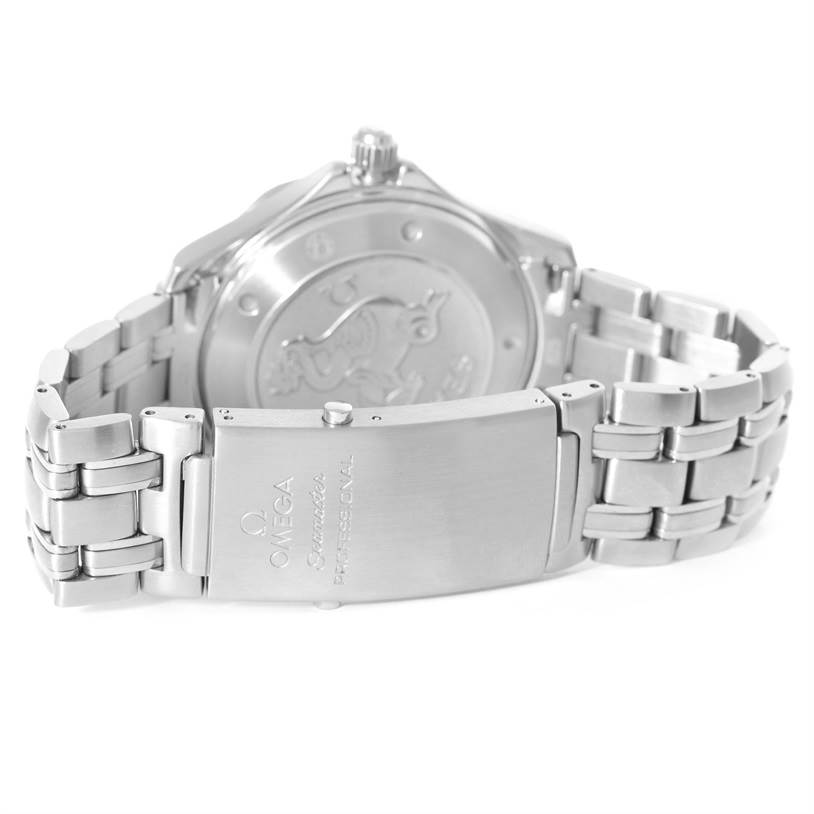 The image shows the back angle of an Omega Seamaster 2220.80.00 Men
s Stainless Steel Blue Dial 2220.80.00 Men
s Stainless Steel Blue Dial watch, focusing on the clasp and case back.