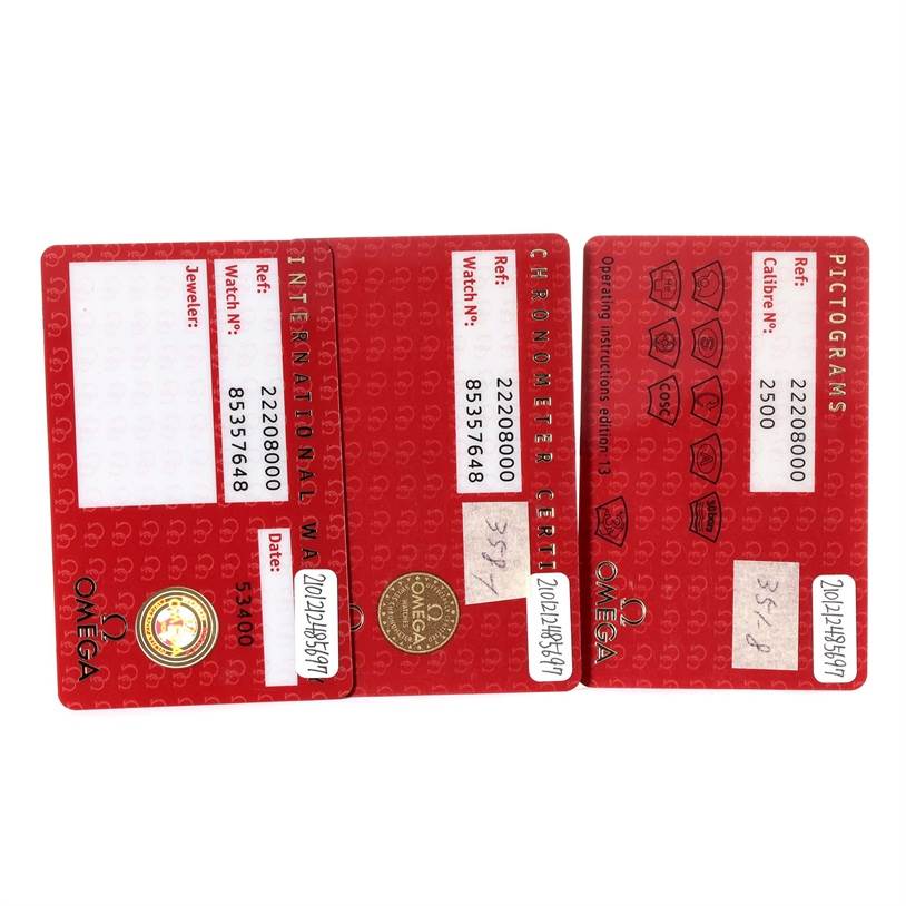 The image shows three Omega Seamaster 2220.80.00 Men
s Stainless Steel Blue Dial 2220.80.00 Men
s Stainless Steel Blue Dial model warranty and certification cards laid out flat.