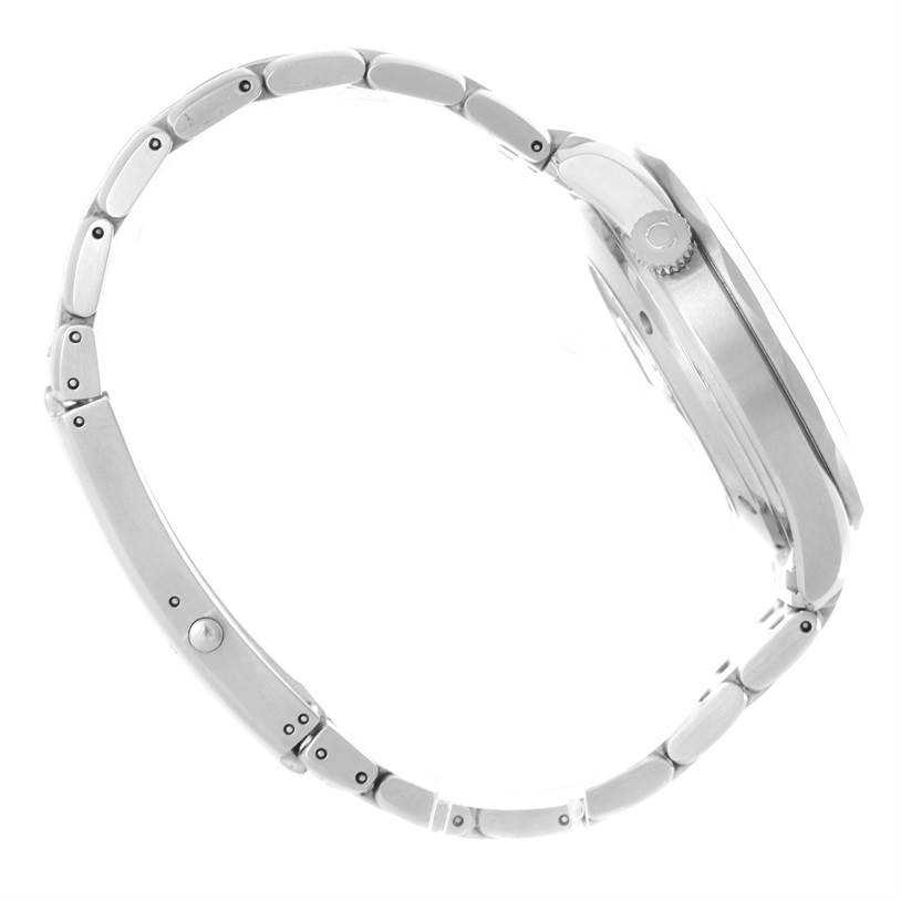 The image shows a side view of the Omega Seamaster 2220.80.00 Men
s Stainless Steel Blue Dial 2220.80.00 Men
s Stainless Steel Blue Dial watch, highlighting its metal band and crown.