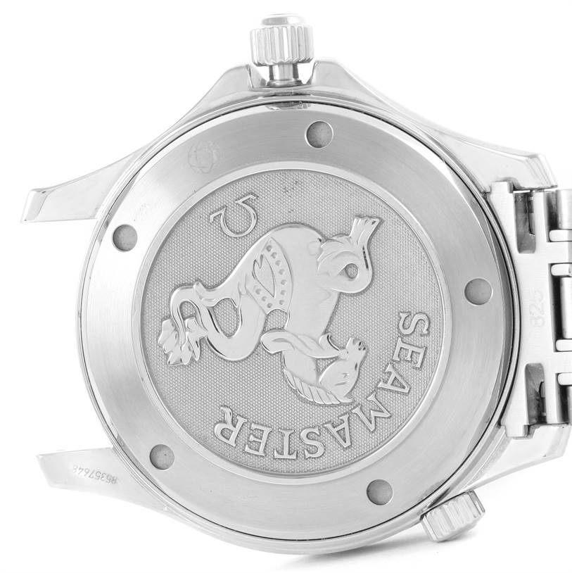 The image shows the case back and crown of an Omega Seamaster 2220.80.00 Men
s Stainless Steel Blue Dial 2220.80.00 Men
s Stainless Steel Blue Dial watch viewed from the bottom.