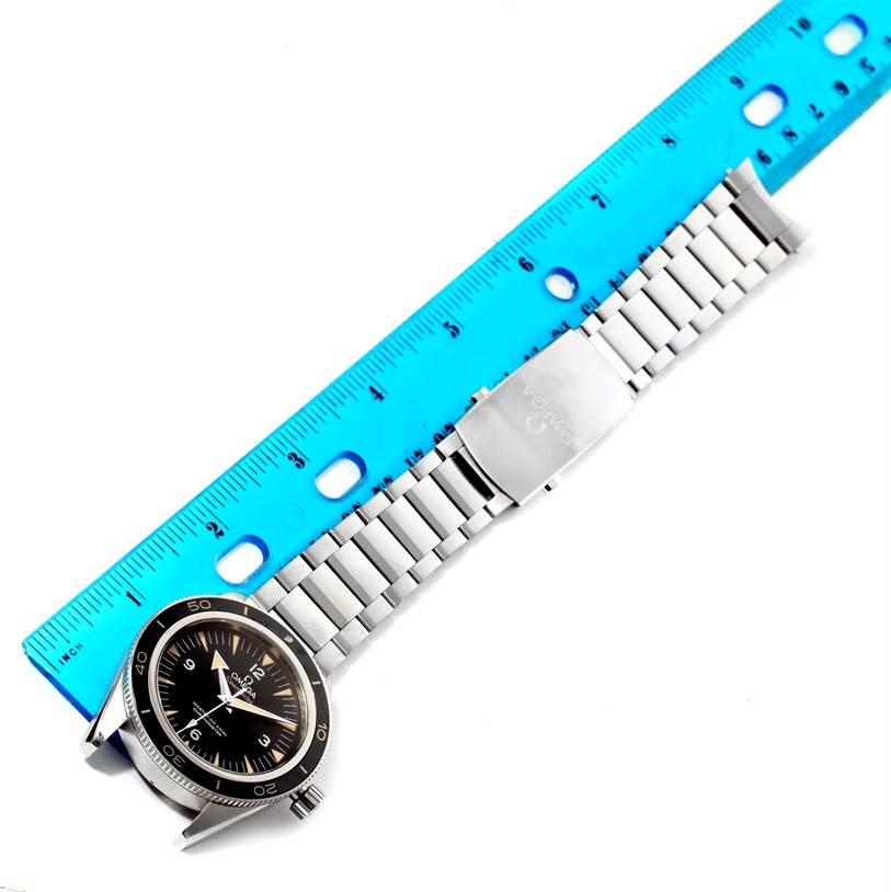 The image shows an Omega Seamaster 233.30.41.21.01.001 Stainless Steel Black Dial 233.30.41.21.01.001 Stainless Steel Black Dial watch laid flat next to a blue ruler, displaying both the watch face and full metal bracelet.