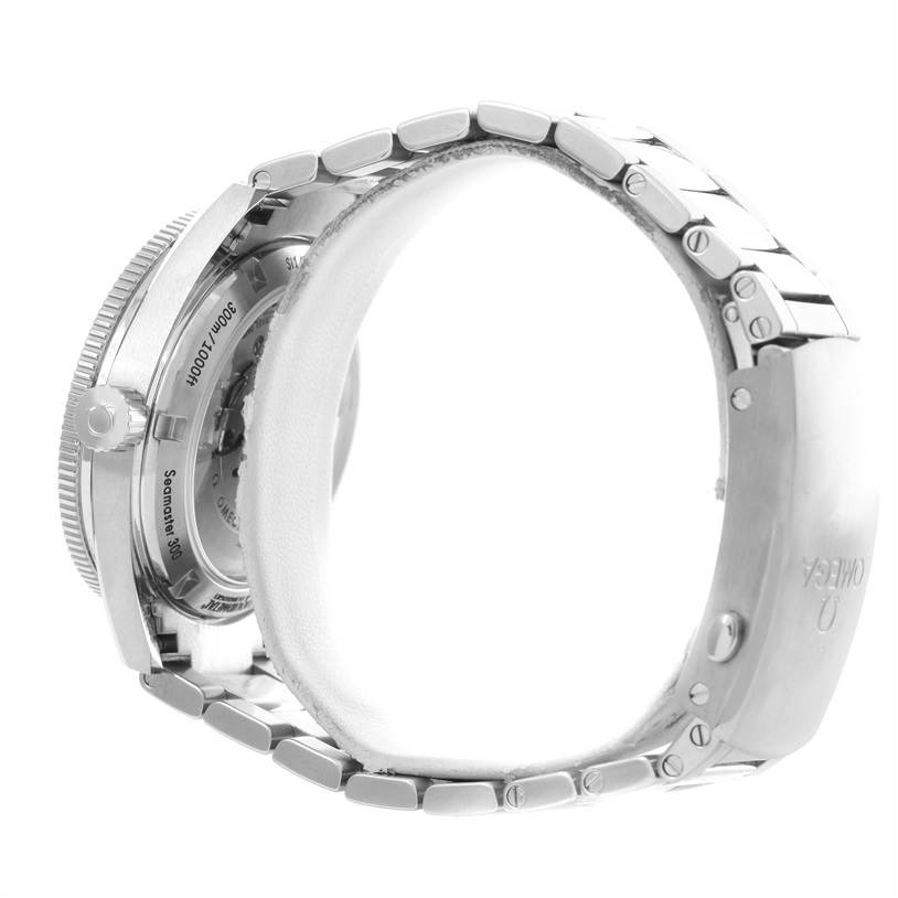 This image shows the side view of an Omega Seamaster 233.30.41.21.01.001 Stainless Steel Black Dial 233.30.41.21.01.001 Stainless Steel Black Dial watch, highlighting the bracelet and crown.