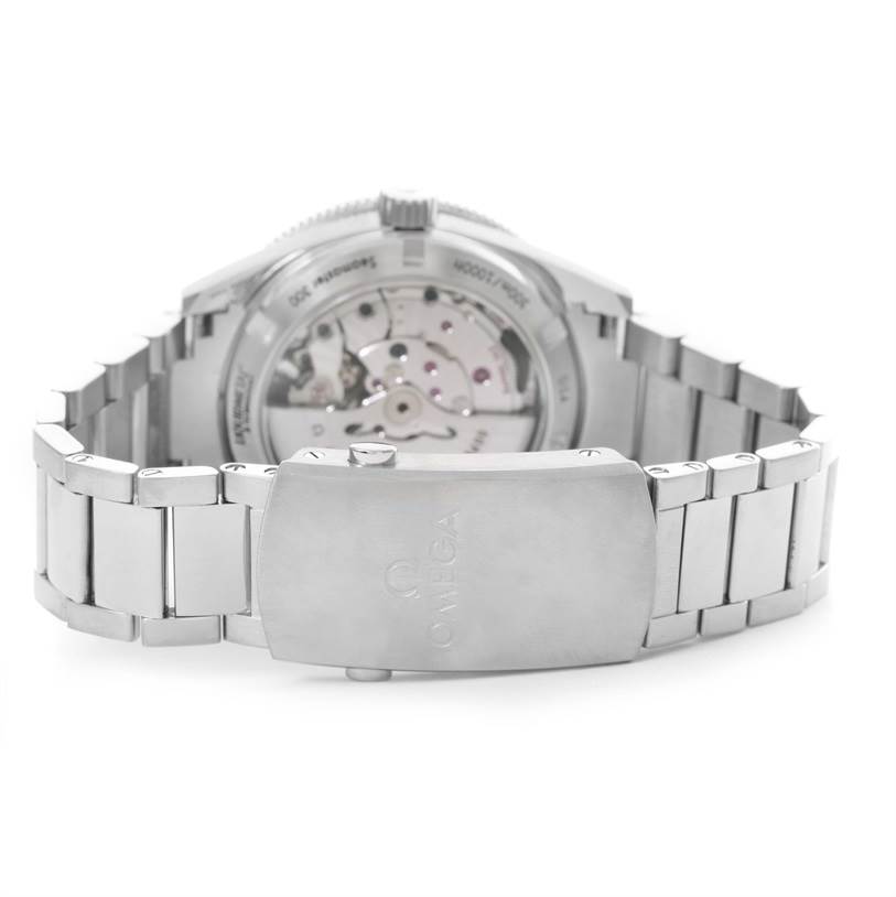 The image shows the back and clasp of an Omega Seamaster 233.30.41.21.01.001 Stainless Steel Black Dial 233.30.41.21.01.001 Stainless Steel Black Dial watch, highlighting its metal bracelet and exposed movement.