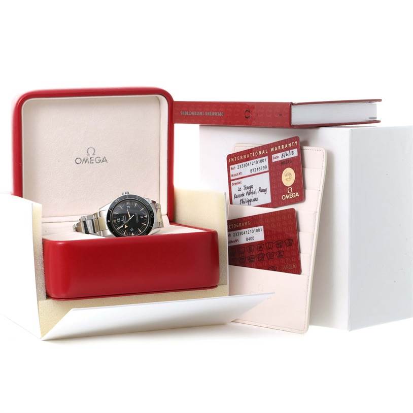The Omega Seamaster 233.30.41.21.01.001 Stainless Steel Black Dial 233.30.41.21.01.001 Stainless Steel Black Dial watch is shown in its box along with an international warranty card and other documentation.