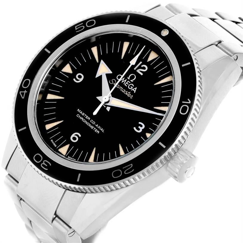 The image shows an Omega Seamaster 233.30.41.21.01.001 Stainless Steel Black Dial 233.30.41.21.01.001 Stainless Steel Black Dial watch from a slightly tilted angle, highlighting the bezel, dial, and part of the bracelet.