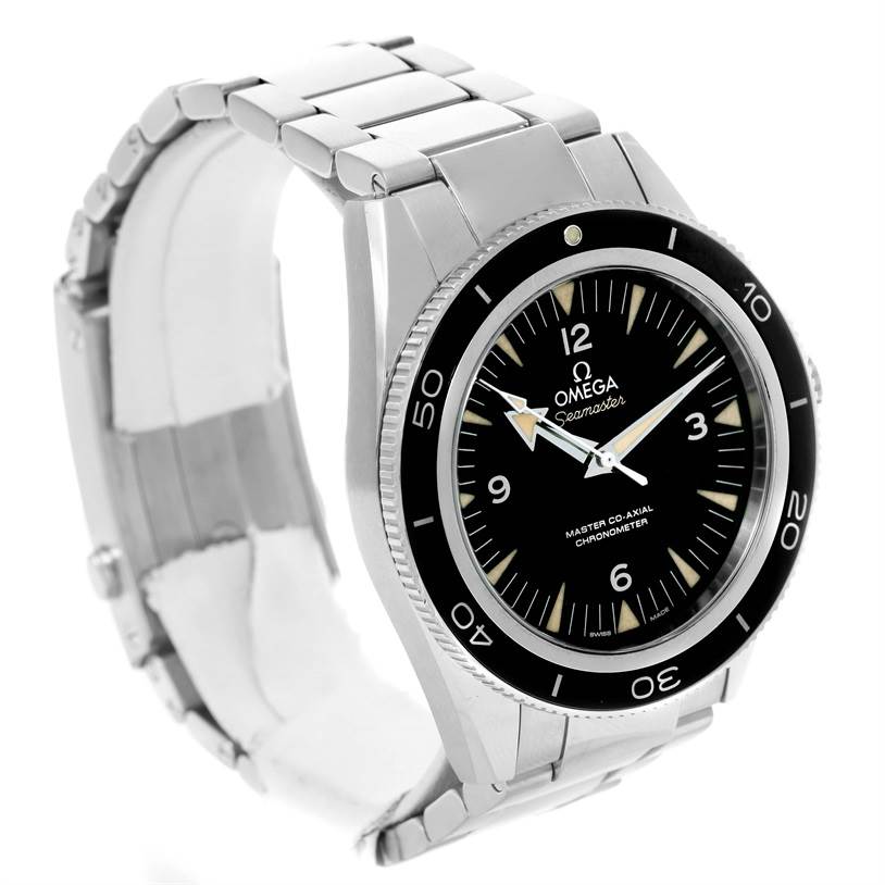 The Omega Seamaster 233.30.41.21.01.001 Stainless Steel Black Dial 233.30.41.21.01.001 Stainless Steel Black Dial watch is shown at a three-quarter angle, displaying the face, bezel, and part of the metal bracelet.