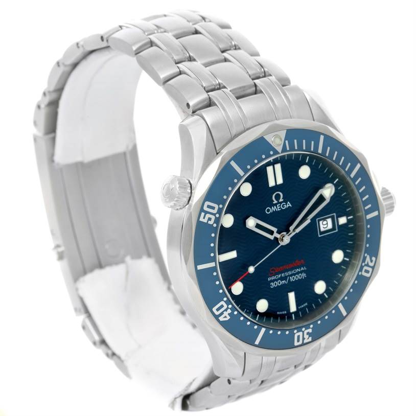 The Omega Seamaster 2221.80.00 Men's Stainless Steel Blue Dial 2221.80.00 Men's Stainless Steel Blue Dial watch is shown at a three-quarter angle, displaying the face, bezel, and part of the bracelet.