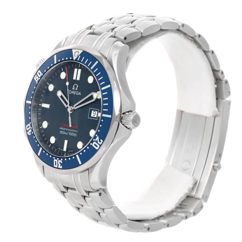 The Omega Seamaster 2221.80.00 Men's Stainless Steel Blue Dial 2221.80.00 Men's Stainless Steel Blue Dial watch is shown from a side angle, showcasing its face, bezel, crown, and metal bracelet.