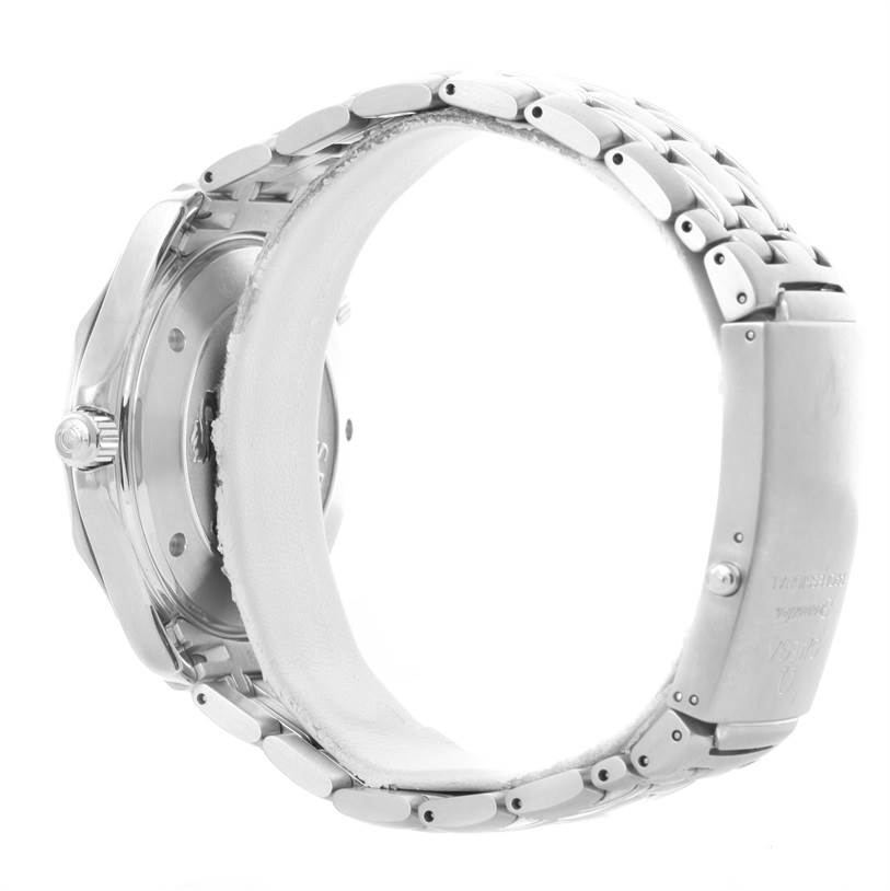 The Omega Seamaster 2221.80.00 Men's Stainless Steel Blue Dial 2221.80.00 Men's Stainless Steel Blue Dial watch is shown from a side angle, highlighting the case, crown, and metal bracelet with the clasp.