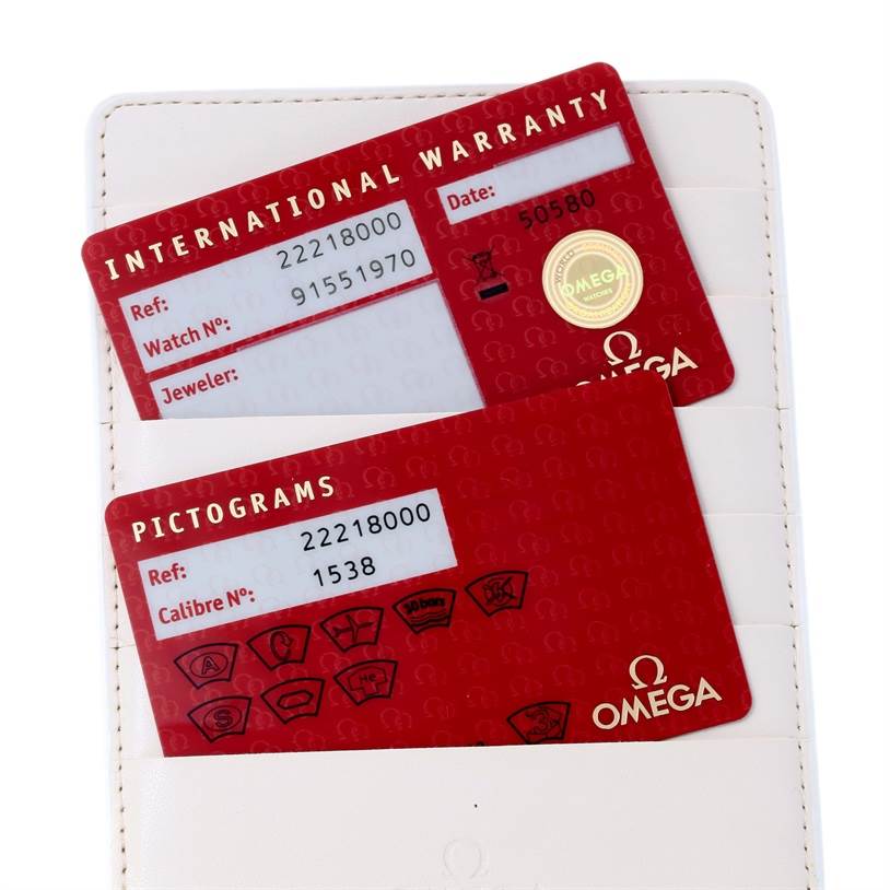This image shows the warranty and pictogram cards for the Omega Seamaster 2221.80.00 Men's Stainless Steel Blue Dial 2221.80.00 Men's Stainless Steel Blue Dial watch model, placed in a white card holder.