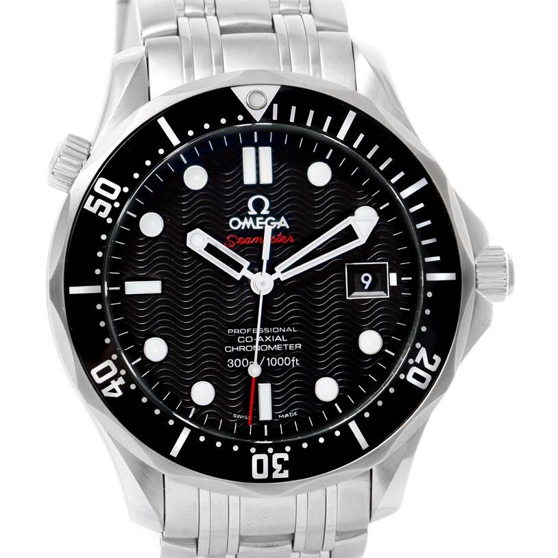 The image shows a front view of an Omega Seamaster 212.30.41.20.01.002 Men
s Stainless Steel Black Dial 212.30.41.20.01.002 Men
s Stainless Steel Black Dial watch, displaying its dial, bezel, hands, crown, and bracelet.