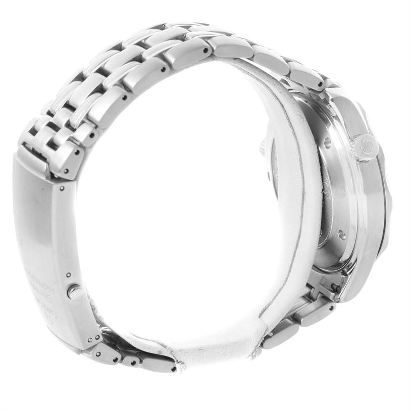 The image shows a side view of the Omega Seamaster 212.30.41.20.01.002 Men
s Stainless Steel Black Dial 212.30.41.20.01.002 Men
s Stainless Steel Black Dial watch, highlighting the metal bracelet and case back.