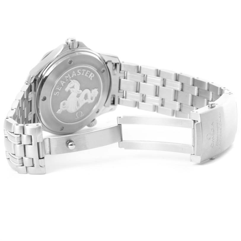 The image shows the back and partially open clasp of an Omega Seamaster 212.30.41.20.01.002 Men
s Stainless Steel Black Dial 212.30.41.20.01.002 Men
s Stainless Steel Black Dial watch, highlighting the case back and bracelet.