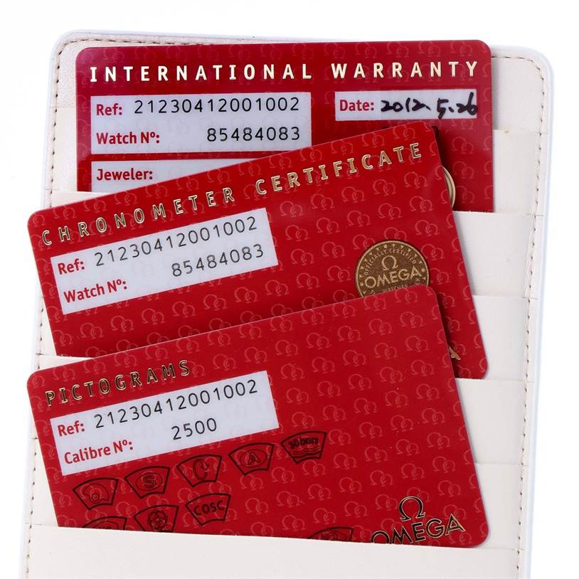 The image shows warranty and certification cards for an Omega Seamaster 212.30.41.20.01.002 Men
s Stainless Steel Black Dial 212.30.41.20.01.002 Men
s Stainless Steel Black Dial model.