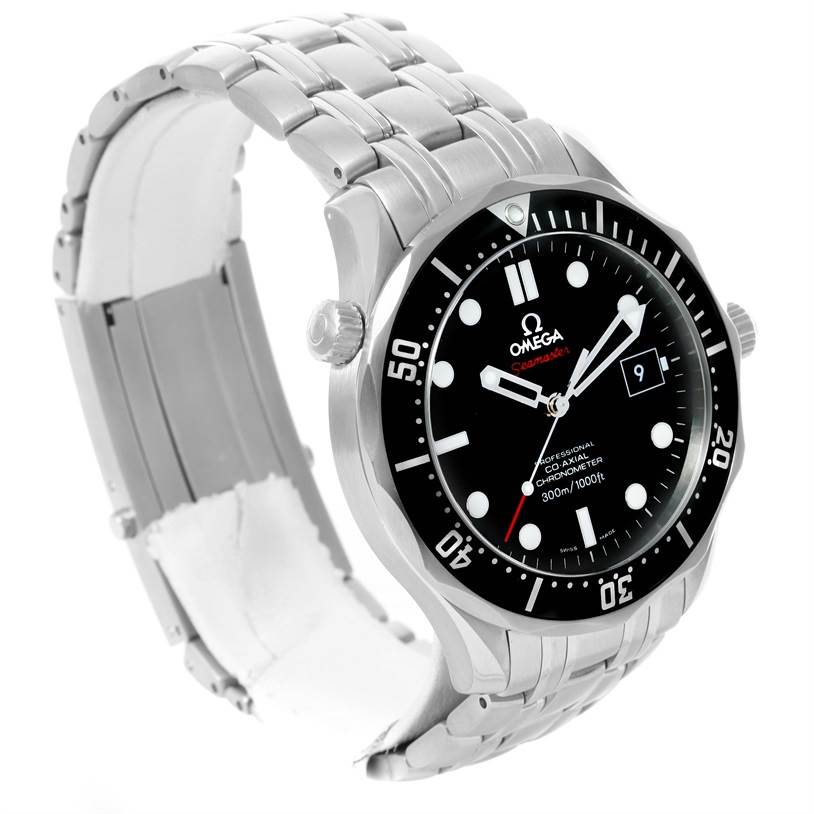 The image shows an angled side view of an Omega Seamaster 212.30.41.20.01.002 Men
s Stainless Steel Black Dial 212.30.41.20.01.002 Men
s Stainless Steel Black Dial watch, highlighting the bezel, dial, and stainless steel bracelet.