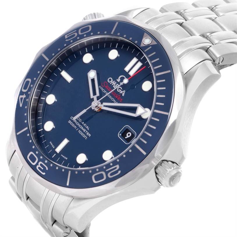 The image shows a three-quarter view of the Omega Seamaster 212.30.41.20.03.001 Men
s Stainless Steel Blue Dial 212.30.41.20.03.001 Men
s Stainless Steel Blue Dial watch, highlighting the bezel, dial, and crown with a portion of the metal bracelet.