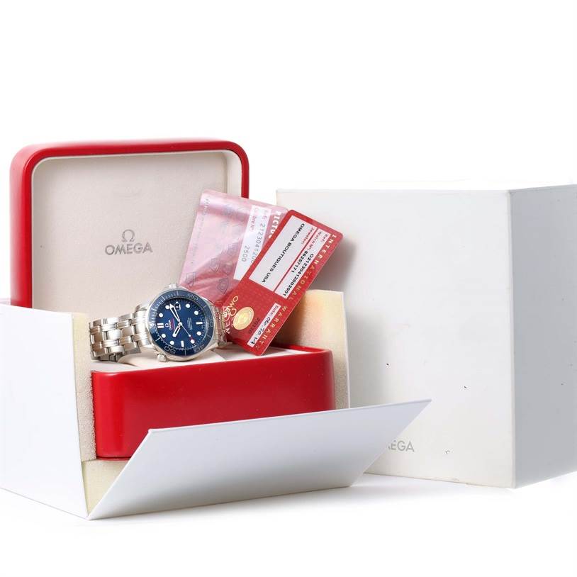 Shown is the Omega Seamaster 212.30.41.20.03.001 Men
s Stainless Steel Blue Dial 212.30.41.20.03.001 Men
s Stainless Steel Blue Dial watch from a front angle in an open box with its cards and packaging.