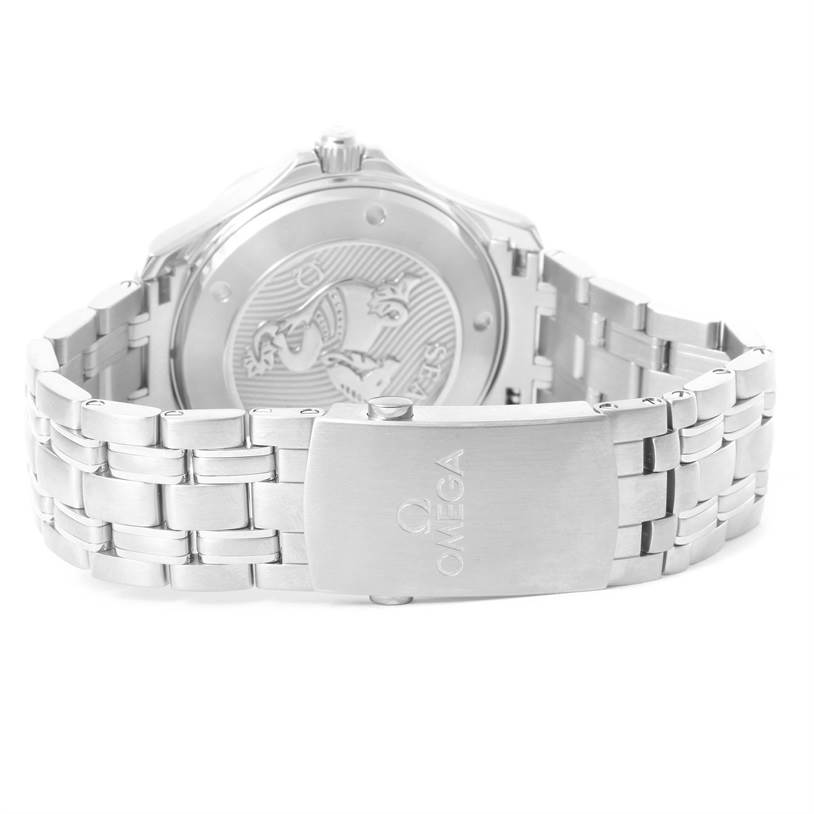 The image shows the back of an Omega Seamaster 212.30.41.20.03.001 Men
s Stainless Steel Blue Dial 212.30.41.20.03.001 Men
s Stainless Steel Blue Dial watch, including the case back and metal bracelet with the clasp.