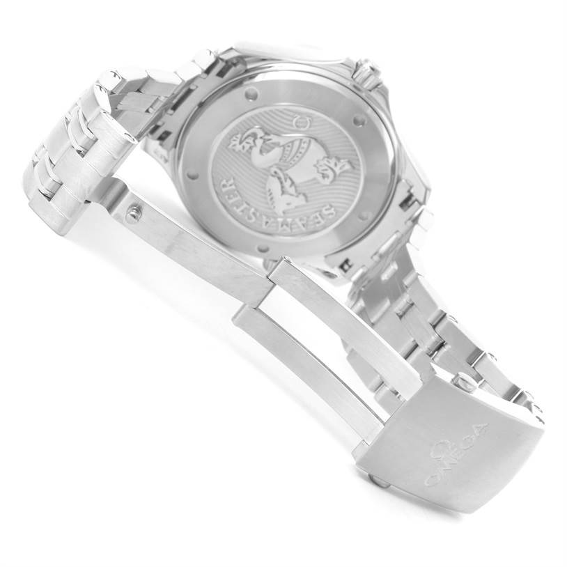 The image shows the back case and partially opened clasp of an Omega Seamaster 212.30.41.20.03.001 Men
s Stainless Steel Blue Dial 212.30.41.20.03.001 Men
s Stainless Steel Blue Dial watch from a side angle.