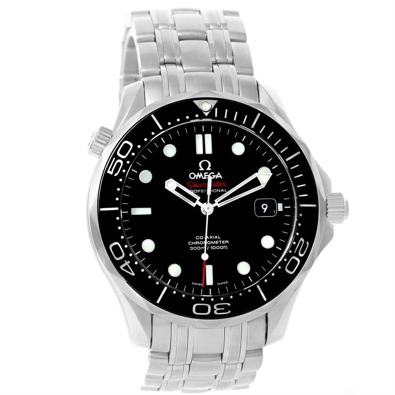 This image shows a front view of the Omega Seamaster 212.30.41.20.01.003 Men
s Stainless Steel Black Dial 212.30.41.20.01.003 Men
s Stainless Steel Black Dial watch, featuring the dial, bezel, and metal bracelet.