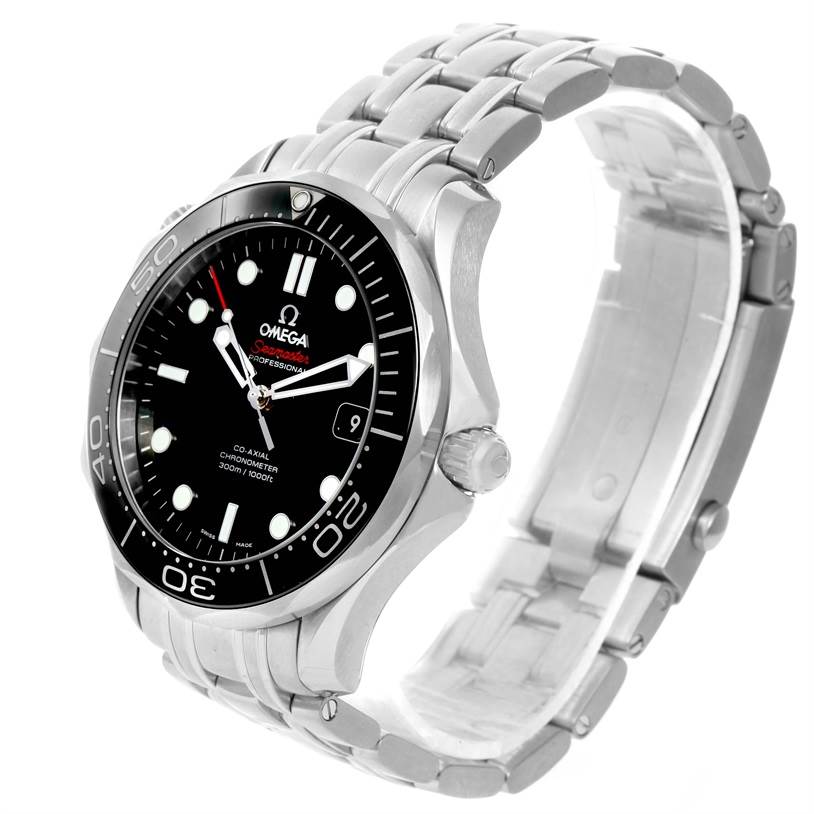 The Omega Seamaster 212.30.41.20.01.003 Men
s Stainless Steel Black Dial 212.30.41.20.01.003 Men
s Stainless Steel Black Dial watch is shown from a front three-quarter angle, displaying the face, bezel, crown, and metal bracelet.