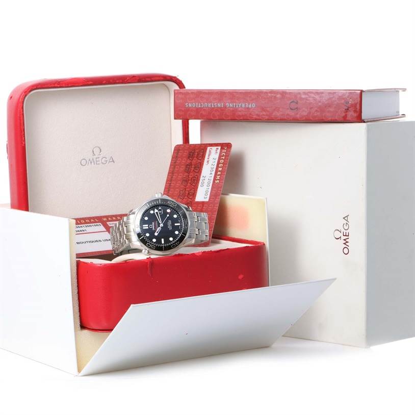 The Omega Seamaster 212.30.41.20.01.003 Men
s Stainless Steel Black Dial 212.30.41.20.01.003 Men
s Stainless Steel Black Dial watch is displayed in an open box with its manual and a certification card.