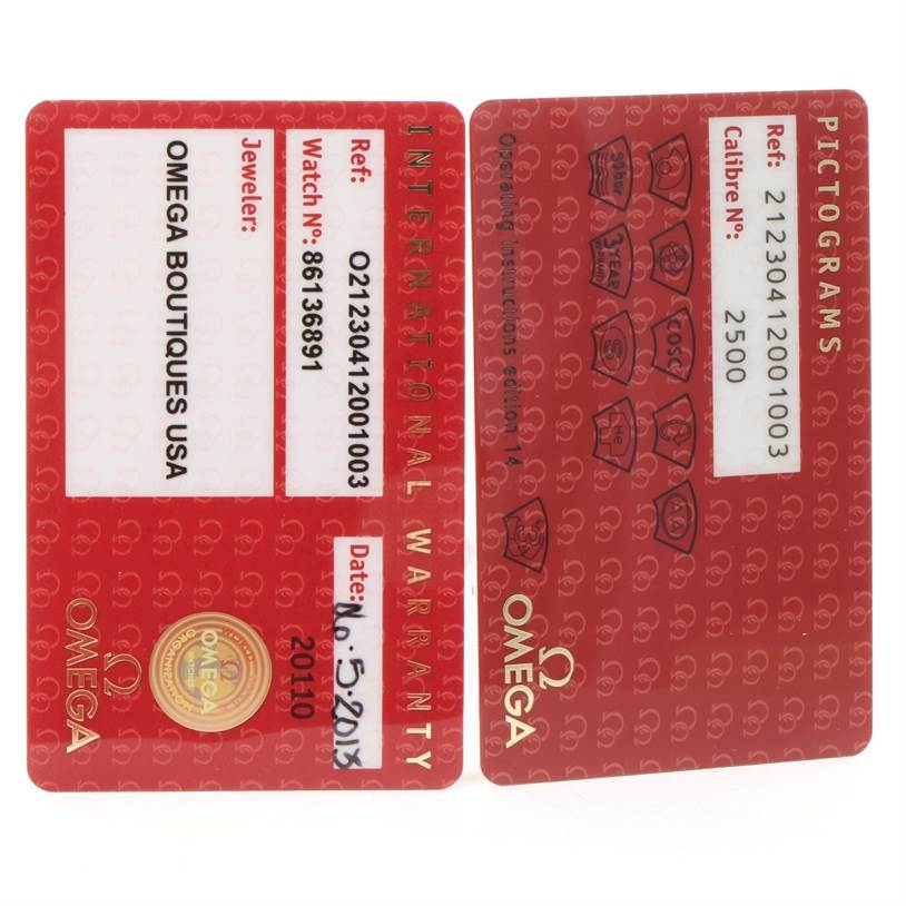 The image displays two warranty and pictogram cards for the Omega Seamaster 212.30.41.20.01.003 Men
s Stainless Steel Black Dial 212.30.41.20.01.003 Men
s Stainless Steel Black Dial model, showing reference and calibre information.