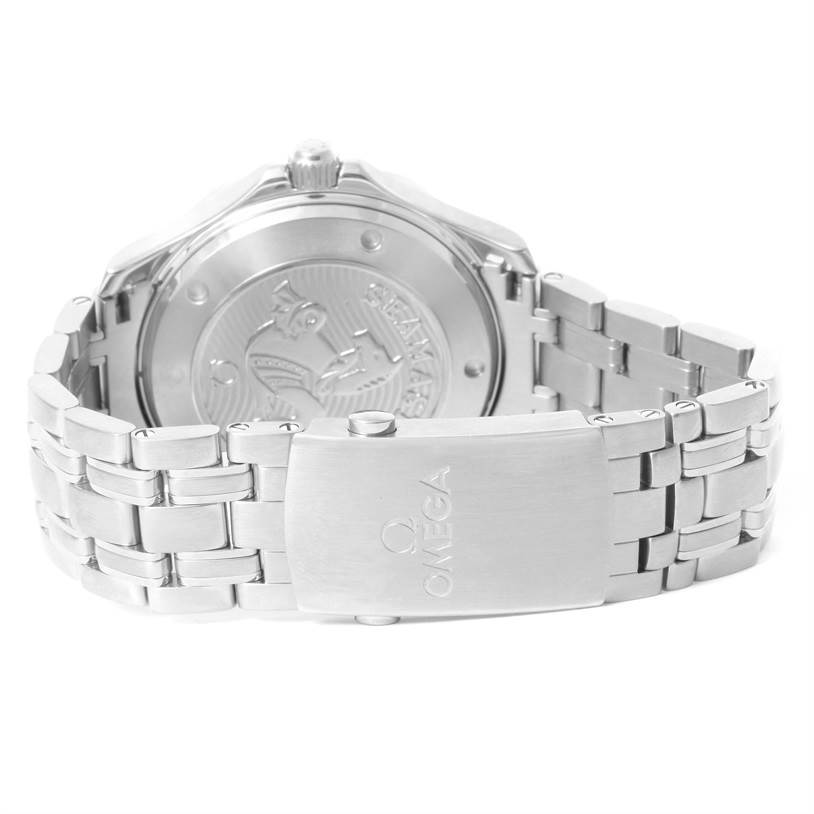 This image shows the back view of an Omega Seamaster 212.30.41.20.01.003 Men
s Stainless Steel Black Dial 212.30.41.20.01.003 Men
s Stainless Steel Black Dial watch, focusing on its stainless steel case back and bracelet clasp.