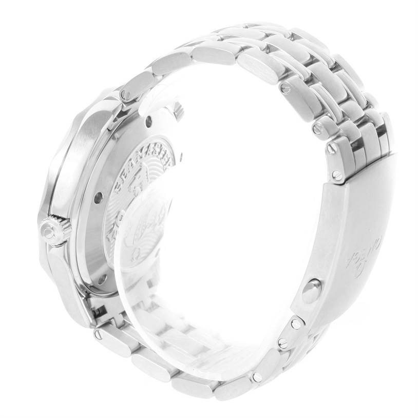 The image shows a side view of the Omega Seamaster 212.30.41.20.01.003 Men
s Stainless Steel Black Dial 212.30.41.20.01.003 Men
s Stainless Steel Black Dial watch, highlighting the case back, crown, and metal bracelet.