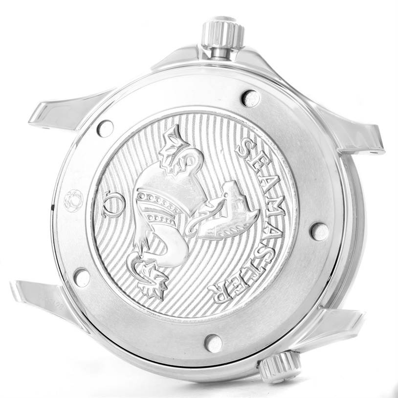 The image shows the case back and crown of an Omega Seamaster 212.30.41.20.01.003 Men
s Stainless Steel Black Dial 212.30.41.20.01.003 Men
s Stainless Steel Black Dial watch, displaying its engravings and logo.