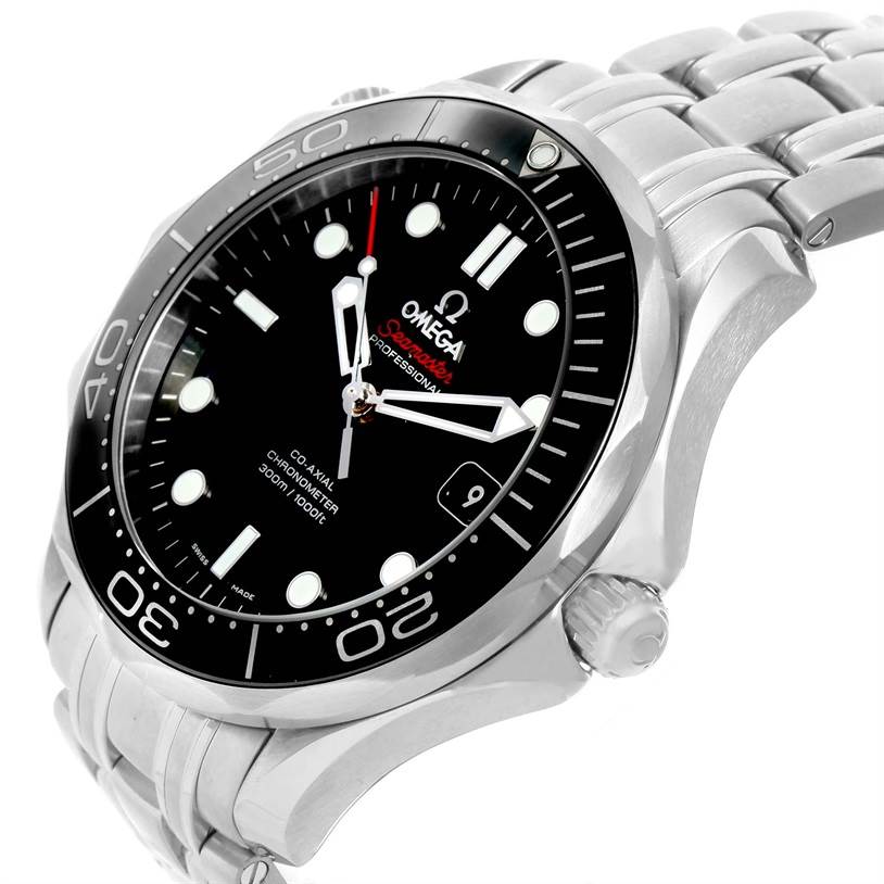 This image shows an Omega Seamaster 212.30.41.20.01.003 Men
s Stainless Steel Black Dial 212.30.41.20.01.003 Men
s Stainless Steel Black Dial watch at an angled side view, highlighting the face, bezel, crown, and stainless steel bracelet.