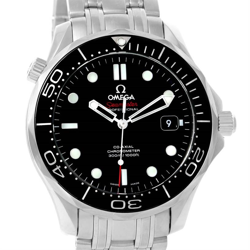 This image shows the face and bezel of an Omega Seamaster 212.30.41.20.01.003 Men
s Stainless Steel Black Dial 212.30.41.20.01.003 Men
s Stainless Steel Black Dial watch at a straight-on angle.