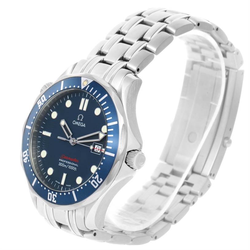 The image shows a side-angle view of the Omega Seamaster 2221.80.00 Men
s Stainless Steel Blue Dial 2221.80.00 Men
s Stainless Steel Blue Dial watch, highlighting the dial, bezel, crown, and bracelet.