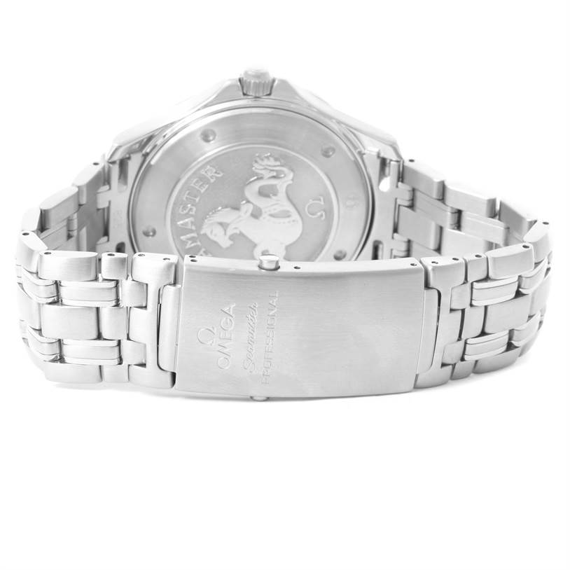 The image shows the back case and clasp of an Omega Seamaster 2221.80.00 Men
s Stainless Steel Blue Dial 2221.80.00 Men
s Stainless Steel Blue Dial watch, highlighting the caseback engraving and bracelet.