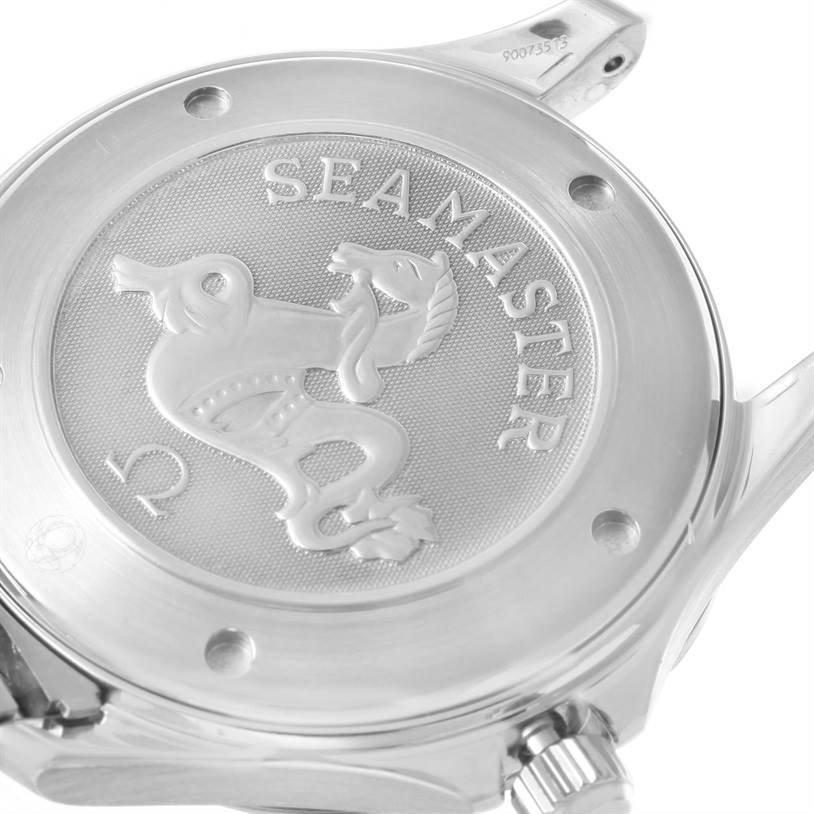 The image shows the back case of the Omega Seamaster 2221.80.00 Men
s Stainless Steel Blue Dial 2221.80.00 Men
s Stainless Steel Blue Dial watch, highlighting the embossed logo and model name.