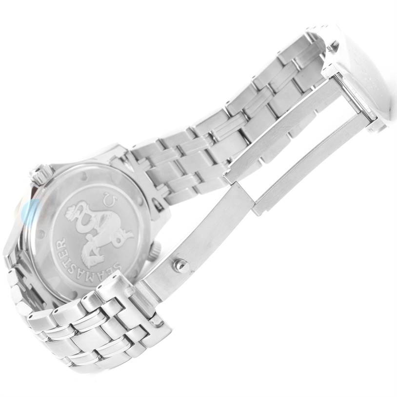 The image shows the back casing and bracelet with a folding clasp of an Omega Seamaster 2222.80.00 Men
s Stainless Steel Blue Dial 2222.80.00 Men
s Stainless Steel Blue Dial watch at an angle.