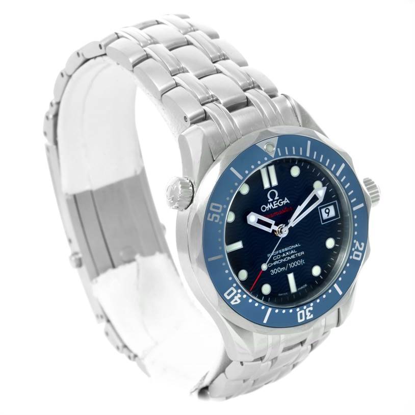 The image shows an Omega Seamaster 2222.80.00 Men
s Stainless Steel Blue Dial 2222.80.00 Men
s Stainless Steel Blue Dial watch from a front-left angle, displaying the bracelet, bezel, and face.