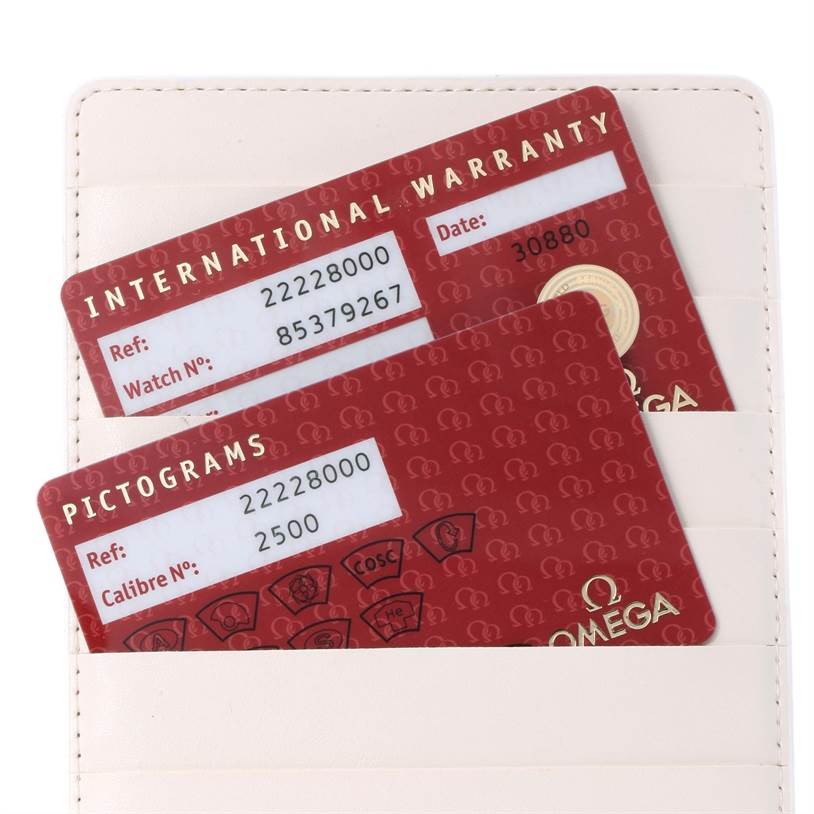 This image shows the International Warranty and Pictograms cards for the Omega Seamaster 2222.80.00 Men
s Stainless Steel Blue Dial 2222.80.00 Men
s Stainless Steel Blue Dial watch model.