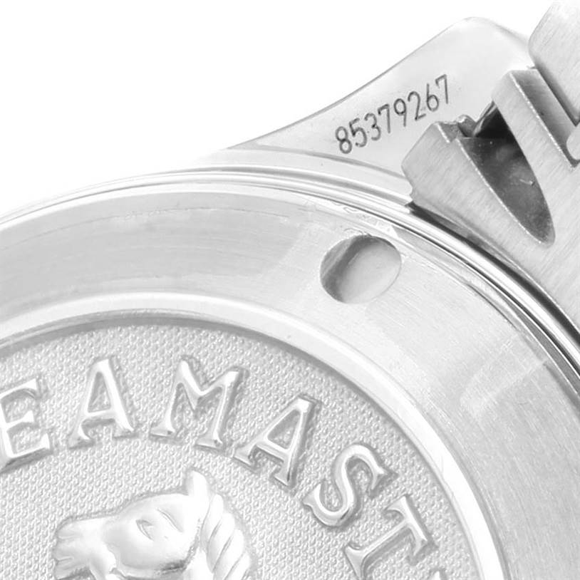 This close-up shot shows the engraved case back and part of the serial number of an Omega Seamaster 2222.80.00 Men
s Stainless Steel Blue Dial 2222.80.00 Men
s Stainless Steel Blue Dial watch.