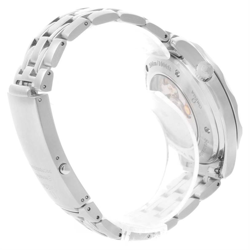 The image shows the side and back view of an Omega Seamaster 2535.80.00 Men
s Stainless Steel Blue Dial 2535.80.00 Men
s Stainless Steel Blue Dial watch, focusing on the bracelet and case back.