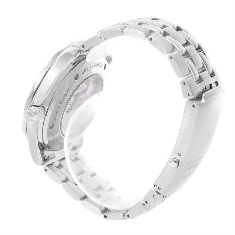 The image shows the case back and metal bracelet of an Omega Seamaster 2535.80.00 Men
s Stainless Steel Blue Dial 2535.80.00 Men
s Stainless Steel Blue Dial watch from a side angle.