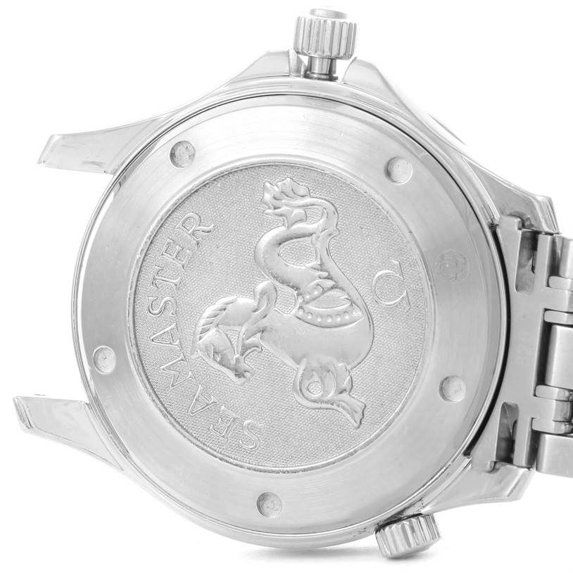 The image shows the back case of an Omega Seamaster 2220.80.00 Men
s Stainless Steel Blue Dial 2220.80.00 Men
s Stainless Steel Blue Dial watch, displaying its emblem and the word "Seamaster."