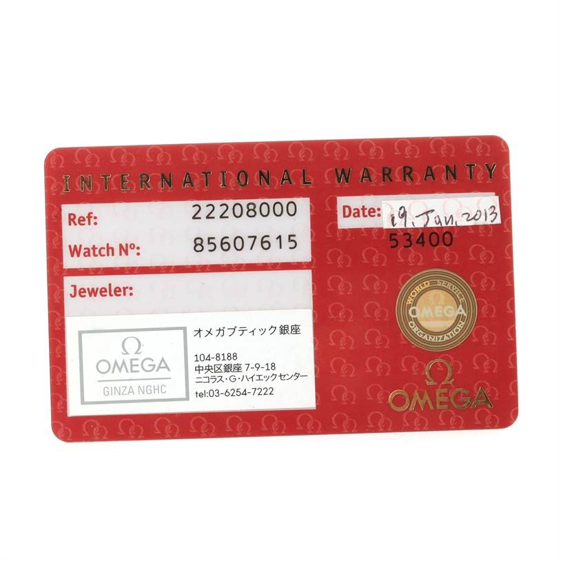 This is the international warranty card for an Omega Seamaster 2220.80.00 Men
s Stainless Steel Blue Dial 2220.80.00 Men
s Stainless Steel Blue Dial watch, showing reference number, watch number, date, and jeweler details.