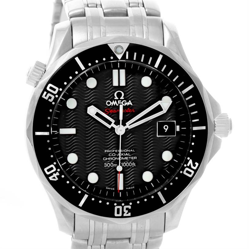 The image shows a front view of the Omega Seamaster 212.30.41.20.01.002 Men
s Stainless Steel Black Dial 212.30.41.20.01.002 Men
s Stainless Steel Black Dial watch, highlighting the dial, bezel, and bracelet.