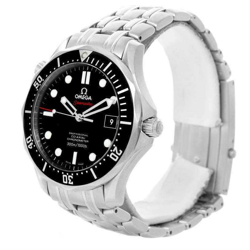 The Omega Seamaster 212.30.41.20.01.002 Men
s Stainless Steel Black Dial 212.30.41.20.01.002 Men
s Stainless Steel Black Dial watch is shown at an angle highlighting its face, bezel, crown, and metal bracelet.