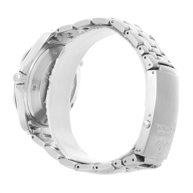 The image shows a side and back view of an Omega Seamaster 212.30.41.20.01.002 Men
s Stainless Steel Black Dial 212.30.41.20.01.002 Men
s Stainless Steel Black Dial watch, including its metal bracelet and clasp.