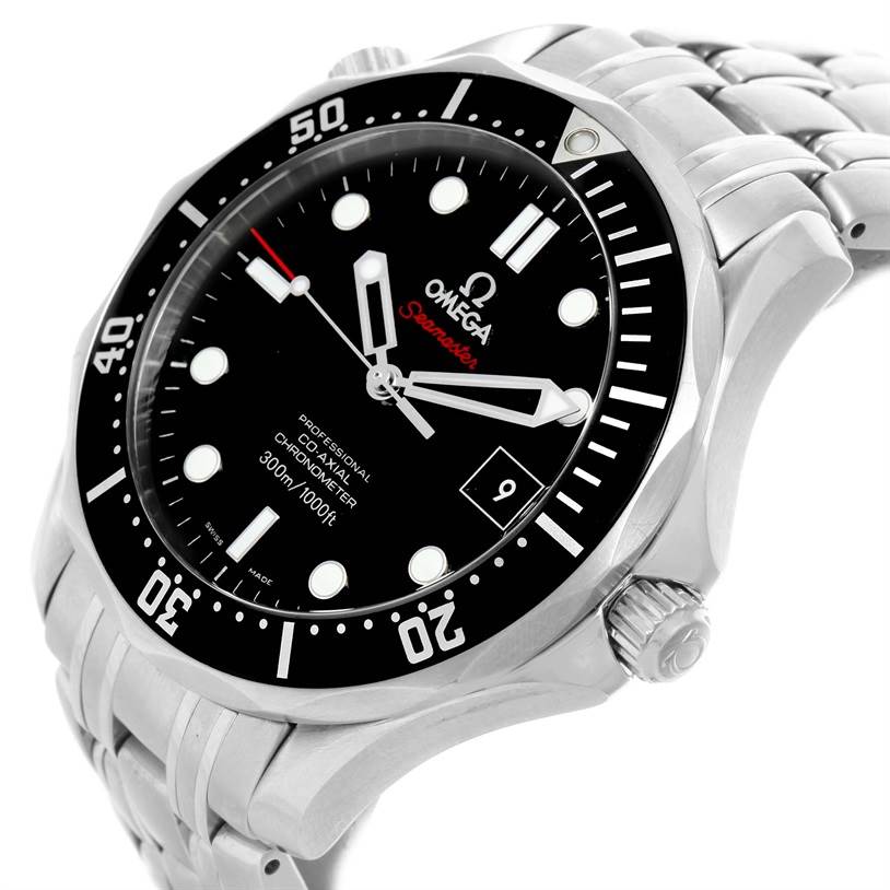 The image shows an Omega Seamaster 212.30.41.20.01.002 Men
s Stainless Steel Black Dial 212.30.41.20.01.002 Men
s Stainless Steel Black Dial watch at an angle highlighting its face, bezel, case, and bracelet.