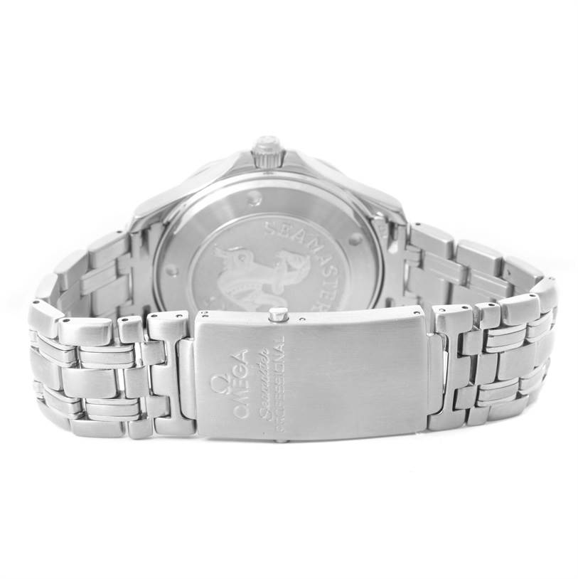 This image shows the back of an Omega Seamaster 212.30.41.20.01.002 Men
s Stainless Steel Black Dial 212.30.41.20.01.002 Men
s Stainless Steel Black Dial watch, focusing on its case back, bracelet, and clasp.